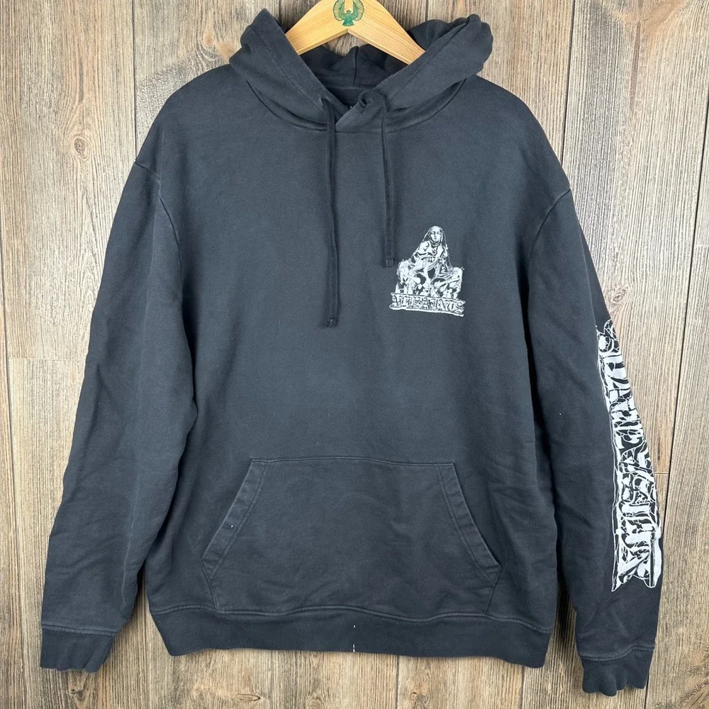AllSaints Troglodyte LS Hoody Black Graphic Sleeve Pullover Hoodie Mens Large